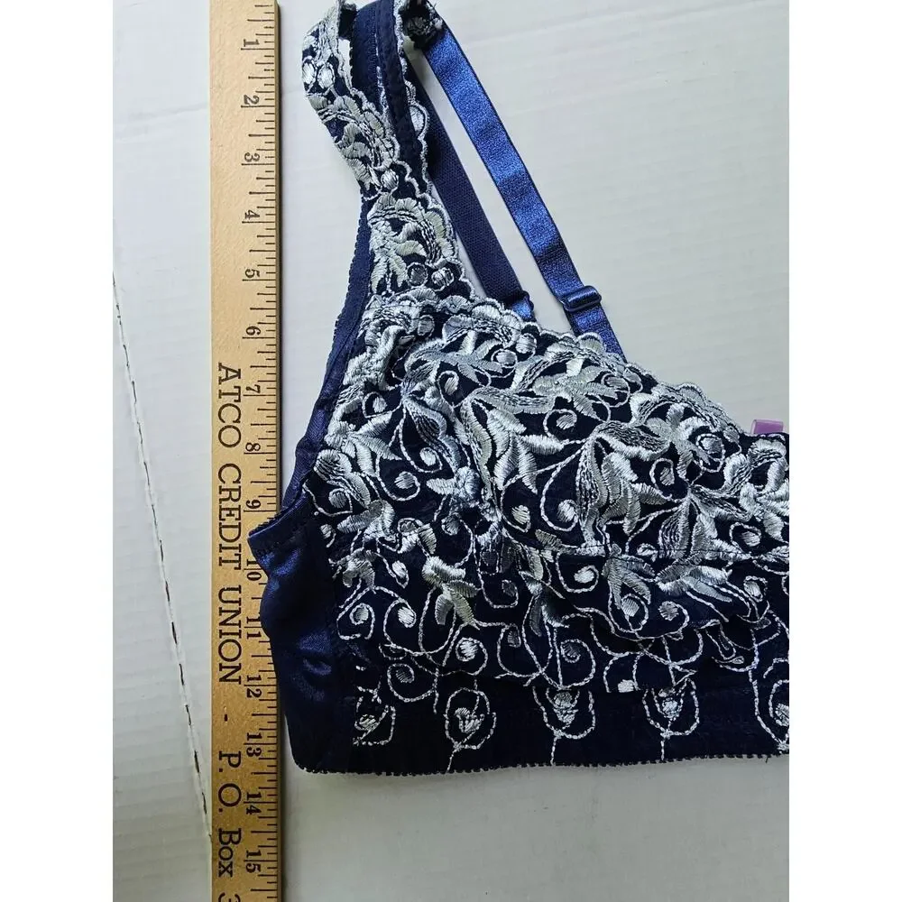 Amoureuse Bra Blue & Silver Embroidered U/W Unlined 46C Front Close 27-0598-6